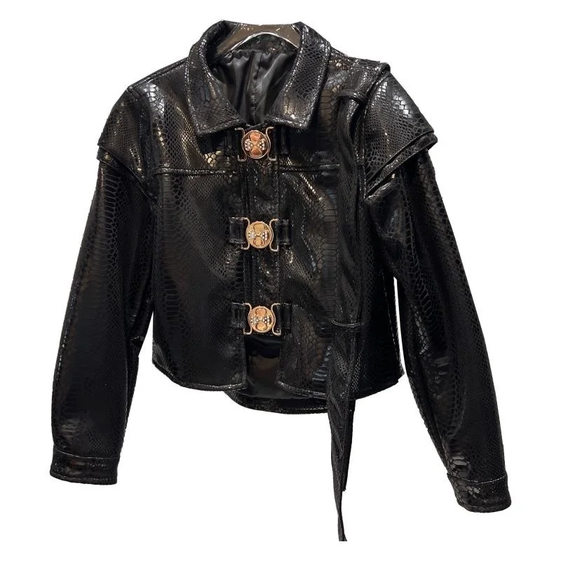 BORVEMAYS PU Leather Jacket Women 2023 Autumn New Fashion Trend Lapel Long Sleeve Single-breasted Streetwear Coat WX185