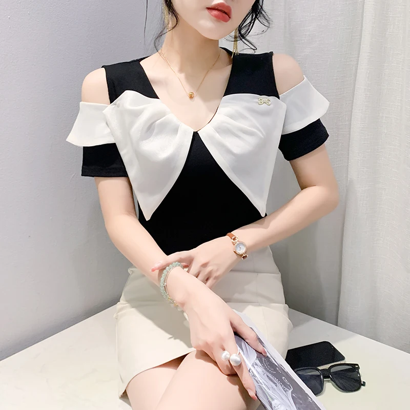 Европейские товары сочетающаяся Цвет Футболка с бантом и открытыми плечами