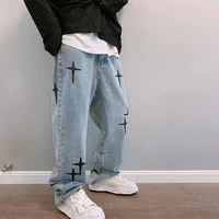 vibe style cross embroidery retro washed men baggy jeans trousers hip hop distressed vintage denim pants pantalons capris
