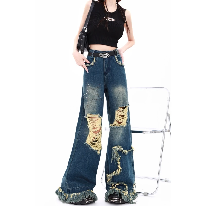 Женские джинсы Y2K с синими звездами обветшенные высокой талией широкие брюки в