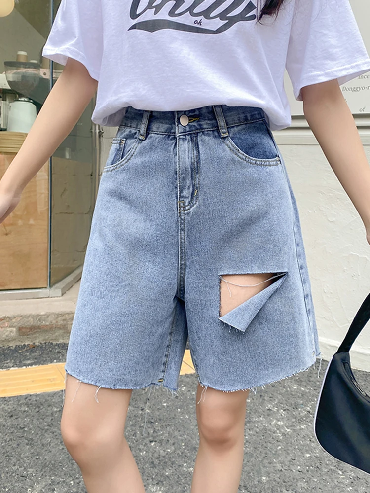 New Spring Summer Women Hole Wide Leg Blue Denim Shorts Casual Female Loose High Waist Jeans Shorts Ladies Bottoms