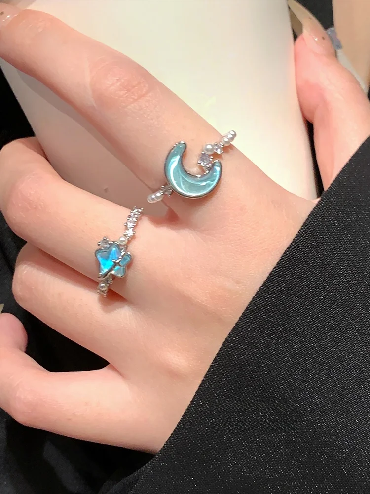 Did You Shoot the Moon Tonight! Blue Xingyue Pearl Ring Women Design Couple Girlfriends High Sense