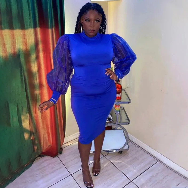 Plus Size Elegant Mesh Dress Women Solid Puff Sleeve Club Cloth Lady Casual Luxury Robe 2023 Summer Trendy Party New In Dress