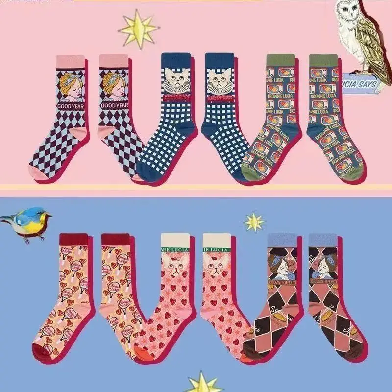 5 Pairs of Socks French Cats Men and Women Personality Tide Socks Retro College Style Medium-length Socks Novelties 2022 Trend