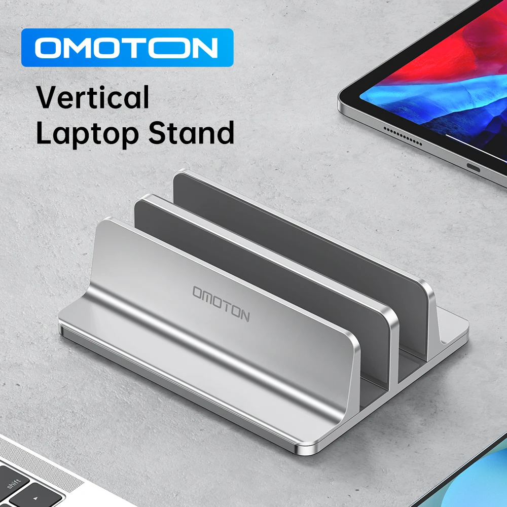 

OMOTON Vertical Laptop Stand Aluminum Double Desktop Gravity Holder with Adjustable Dock Up to 17.3 inch Fits Surface Book Table