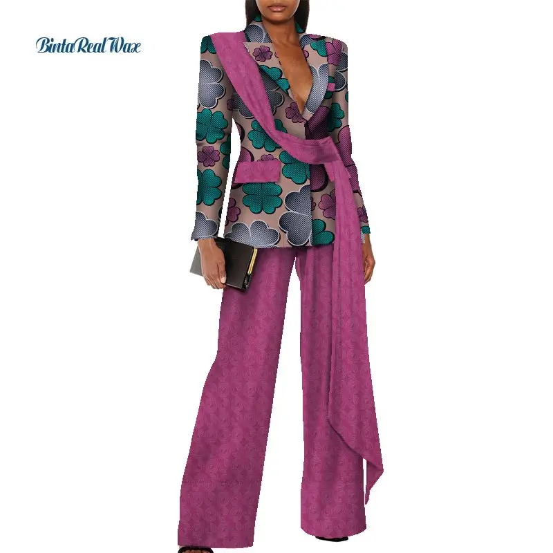 Trajes con cinturón de cintura de estilo africano para mujer, chaquetas de dos piezas, conjunto de Top y pantalones Dashiki, ropa africana para mujer WY8605