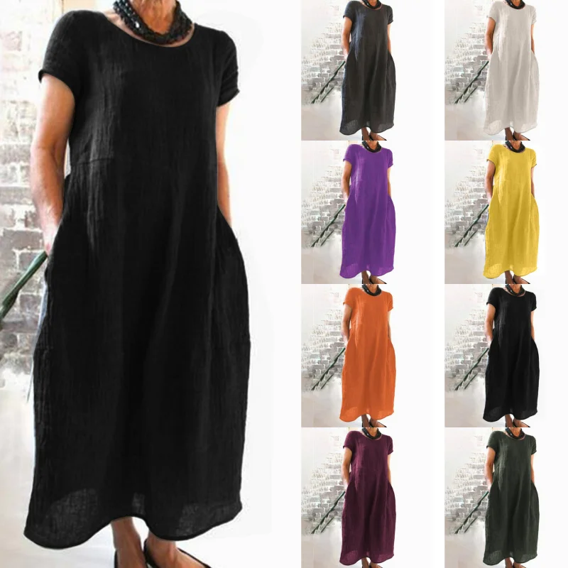 

Fashion Retro Women's 2023 Summer New Solid Loose Pullover Plus Size Casual Pocket Crew Neck Short Sleeve Splice Dress
