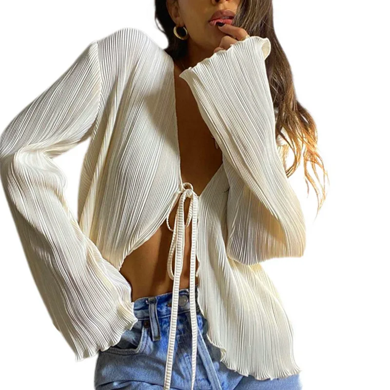 

Women Cardigan T-shirts Sexy Tops Spring Autumn 2022 Clothes Long Flare Sleeve Lacing Solid Color Ladies Tops for Casual Party
