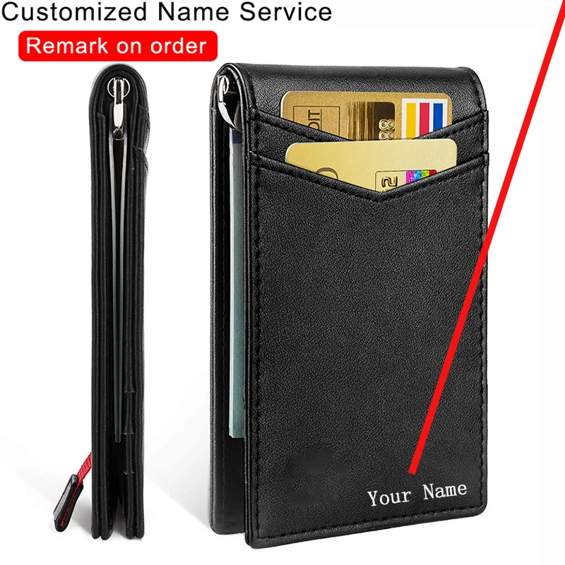 Engraving Name Men Smart Wallets Credit Card Holder RFID Blocking Genuine Leather Wallet Card Holder with ID Card & Photo Window