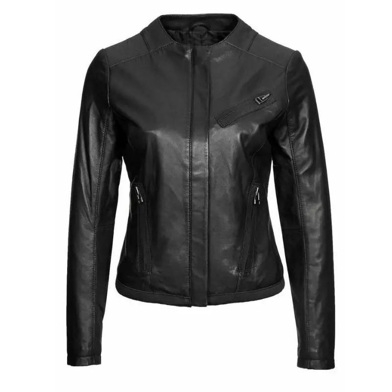 Women Black Leather Jacket Top Casual Slim Jacket Lambskin Genuine Zip Jacket