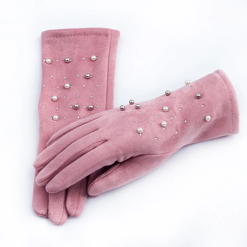 

New Warm Imitative Suede Gloves For Women Muti Colors Hot Drill Beads Short Mittens Fashion Touch Screen Winter Riding Handwear