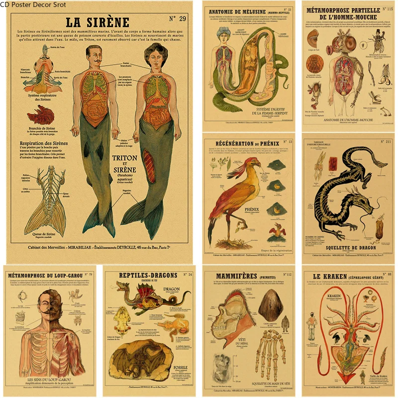Ретро-постер любопытных существ Русалка птица динозавр крафт-бумага винтажный