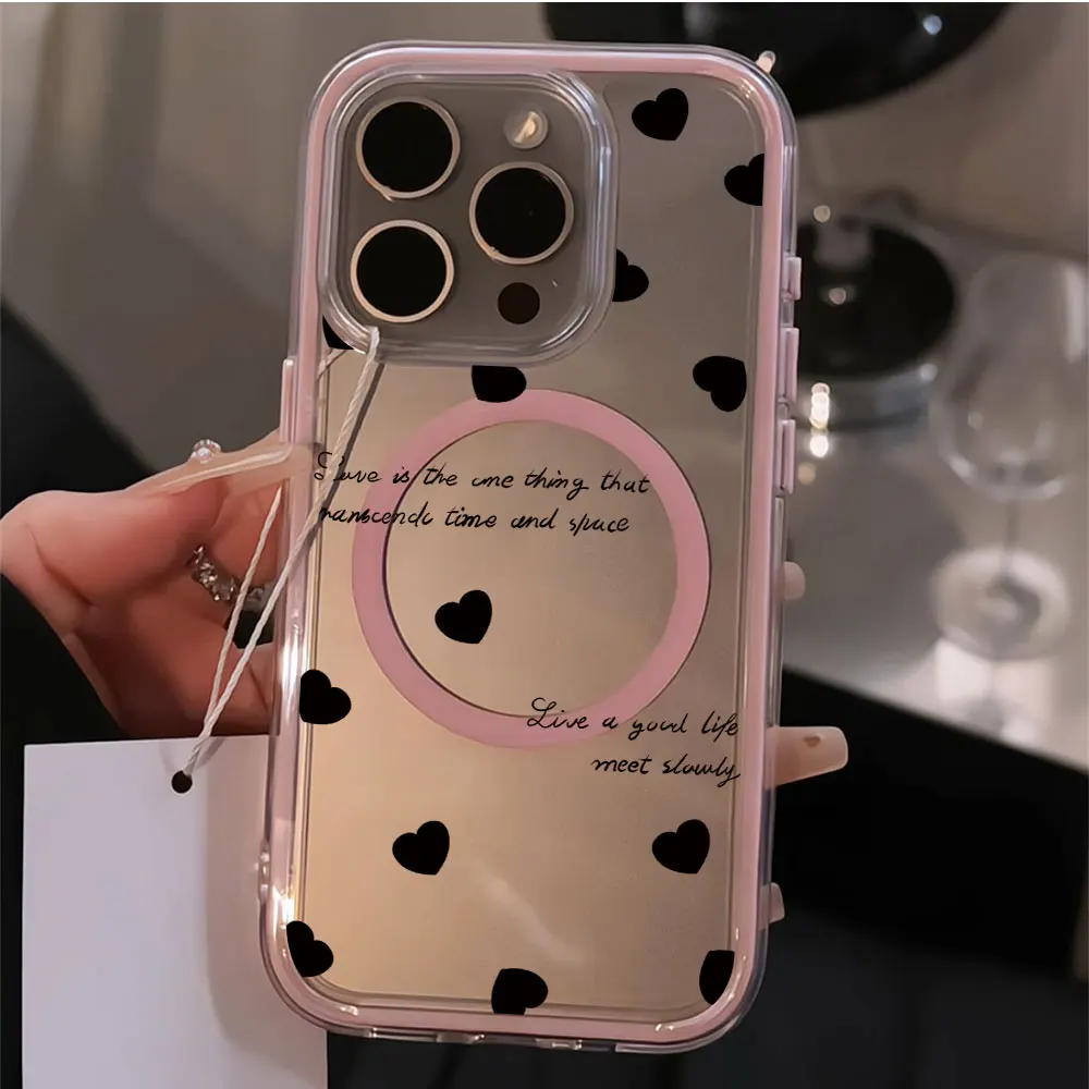 Беспроводной магнитный чехол для зарядки iPhone 17 Pro, 16, 15 Pro Max, 12, 14, 13, 11 Pro Max, 17 Air Magsafe, корейский черный чехол с сердечками (art.: 3920dc652e2fe) - 3920dc652e2fe