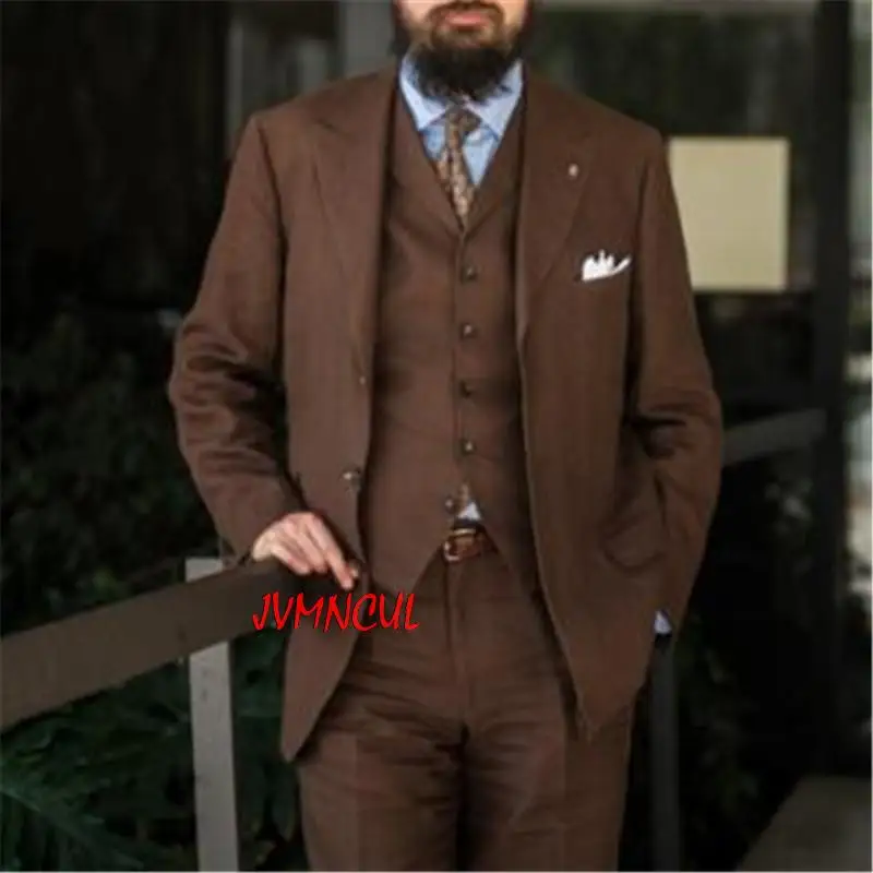 

Brown Peak Lapel Groom Wedding Tuxedo 3Pcs Custom Made Casual Blazer Trousers Slim Fit Party Wear Men Suits 2Pcs Jacket Pants