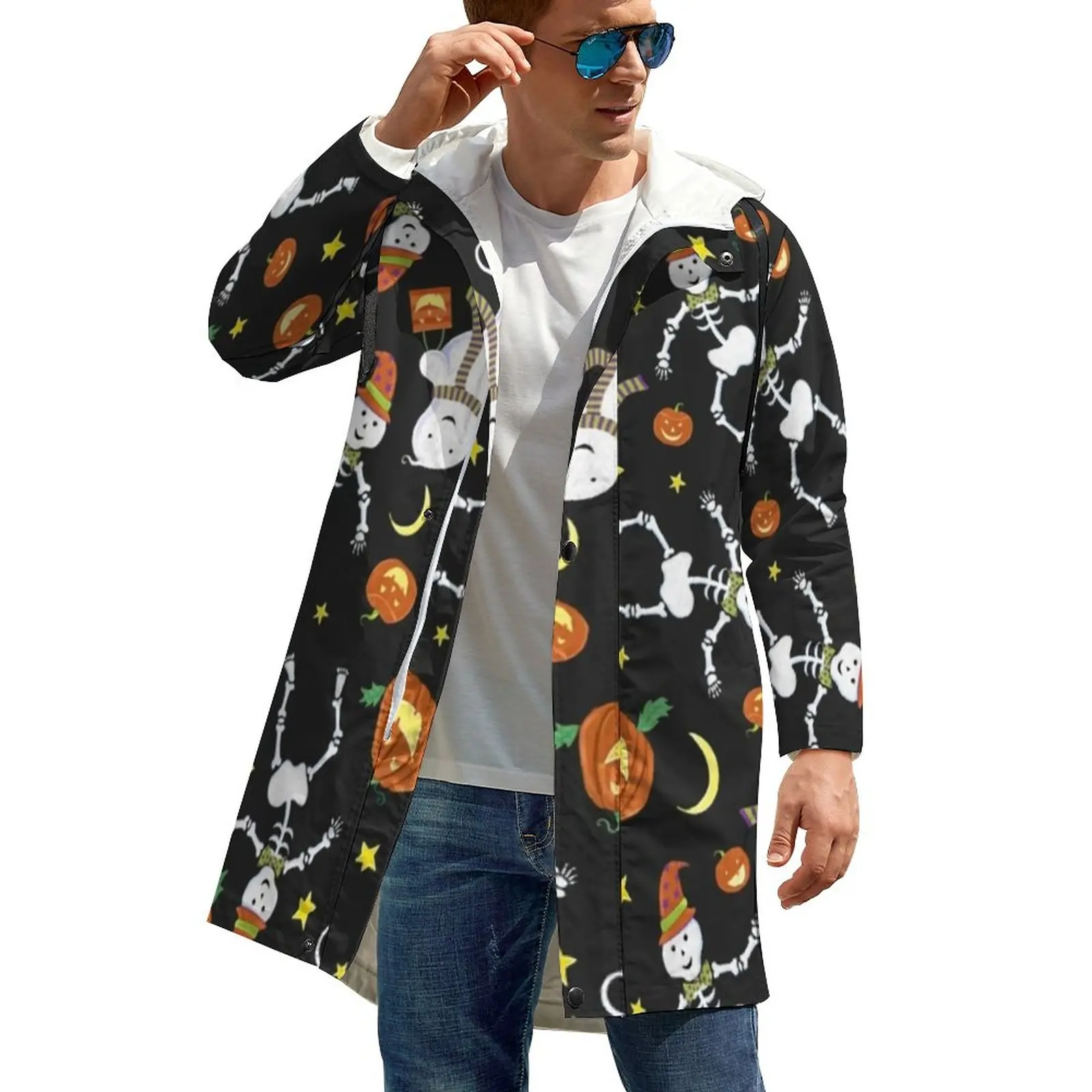 

Halloween Skeleton Windbreakers Men Ghost Pumpkin Outdoor Trench Coats Modern Graphic Autumn Jackets Casual Loose Plus Size 5XL