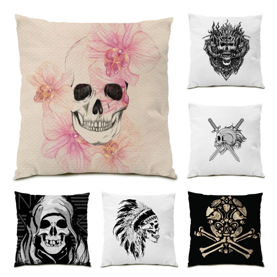 

Cushion Covers 45x45 Skull Home Decor Polyester Linen Sofa Decorative Pillow Cases Soft Velvet Cushions Fear Pillowcase E0455