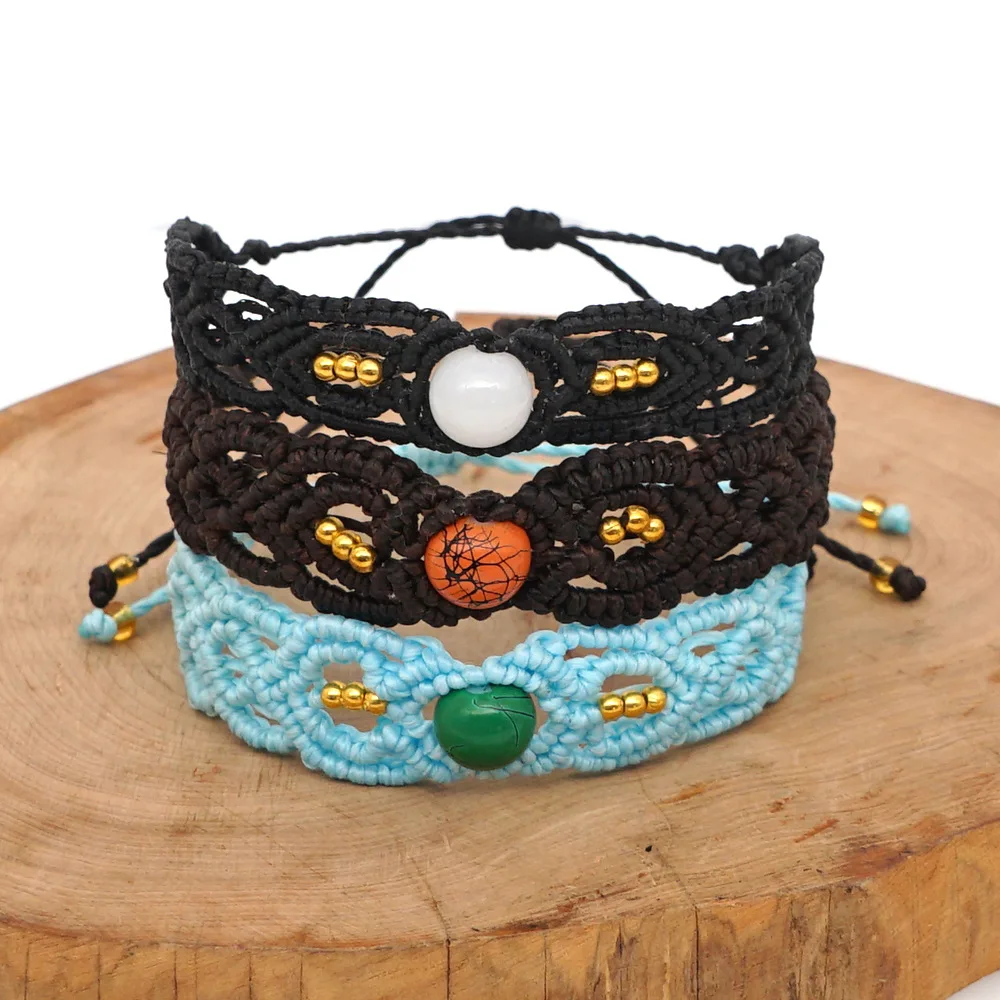 

South American Style Colombian Macrame Bracelet Handmade Turquoise Stone Beaded Wax Rope Braided Men and Women Hand Rope