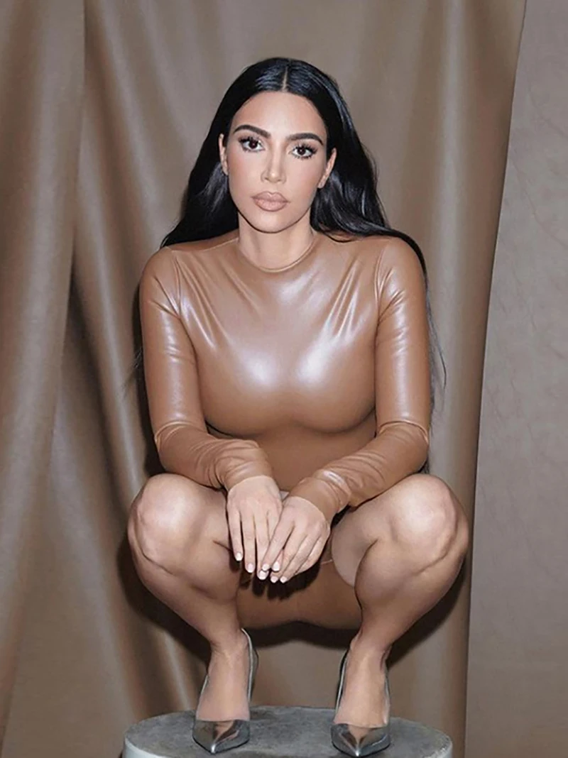 

Женское модное облегающее боди из искусственной кожи с длинным рукавом и высокой талией, комбинезон, шорты, комплект из двух предметов, кост...