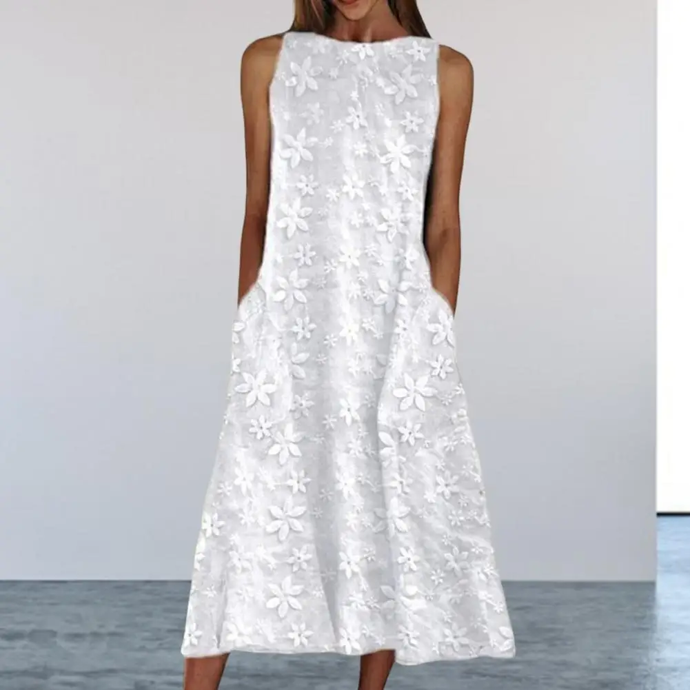 

Lady Summer Dress Round Neck Sleeveless Women Midi Dress Flower Embroidery Big Hem Beach Dress Solid Color Off Shoulder Dress