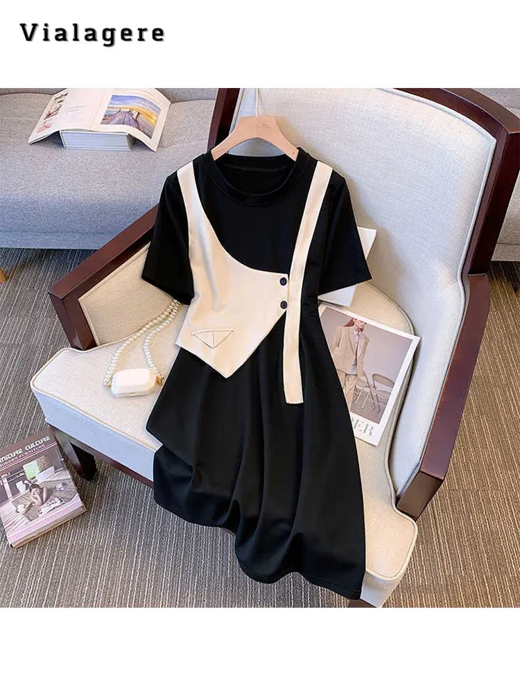 

Женское винтажное платье-трапеция средней длины, элегантное классическое офисное черное платье составного кроя с коротким рукавом и круглым вырезом, лето 2023