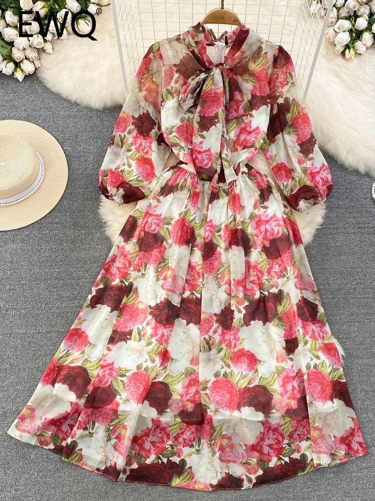 

EWQ Sweet Style Women's Dress 2023 Summer New Bow Patchwork Chiffon Contrast Color Print Long-sleeve High Waist Dresses 27SN2253