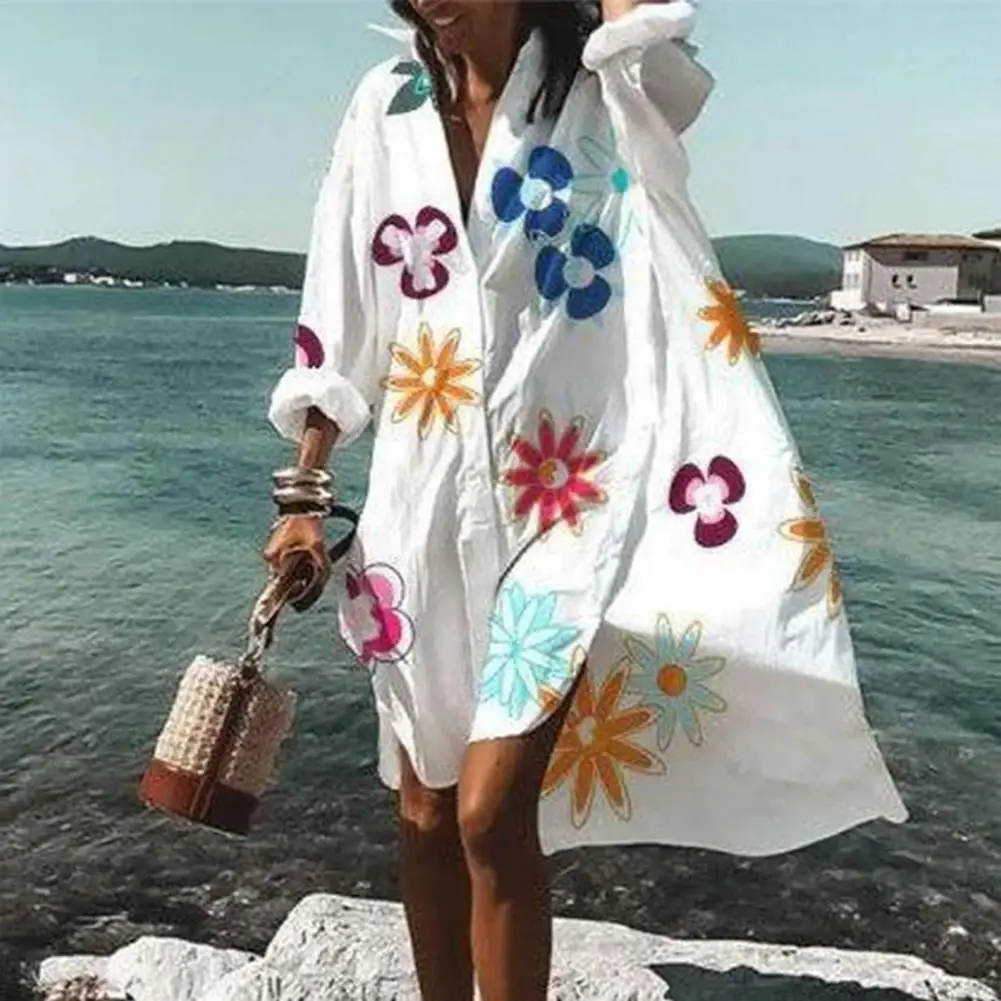 

Summer Women Dresses Turn-down Collar Print Casual Long Sleeve Shirt Dress Oversized Loose Beach Party Vestidos Robe Blouse
