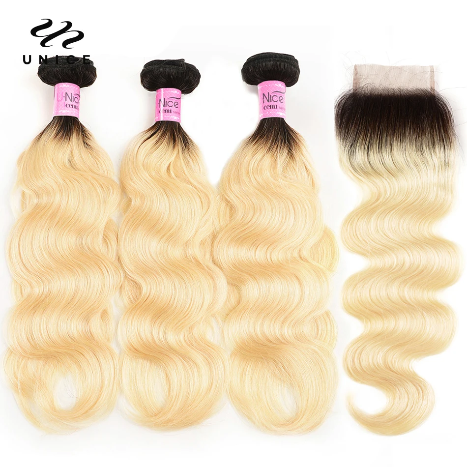 

Unice Hair Brazilian Human Hair 2 Tone Dark Roots Ombre Blonde Hair 3 Bundles With Lace Closure 1B/613 Body Wave Color Hair Weft