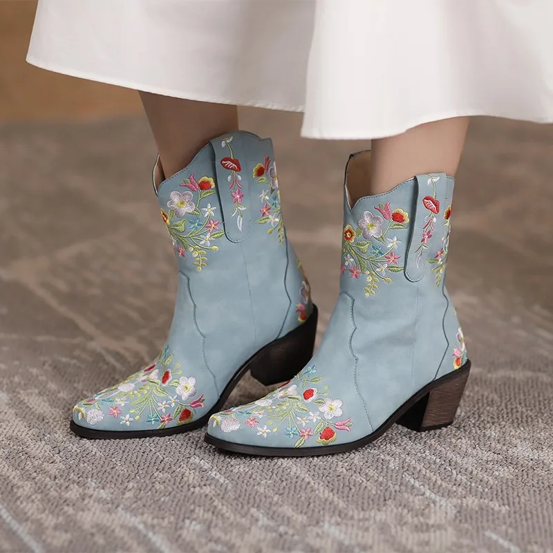 

Cowgirl Boots Women Ethnic Traditional Embroidered Floral Chunky Heel Booties Western Woman Mid Heels Ankle Boots Big Size 45 47