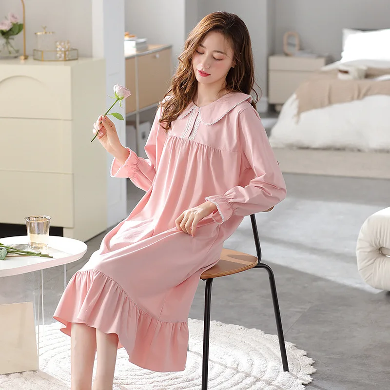 2023 New Long-sleeved Women's Pajama, spring and Autumn Pure Cotton Princess Style Large Nightgown, Home Wear Sleepshirt Summer