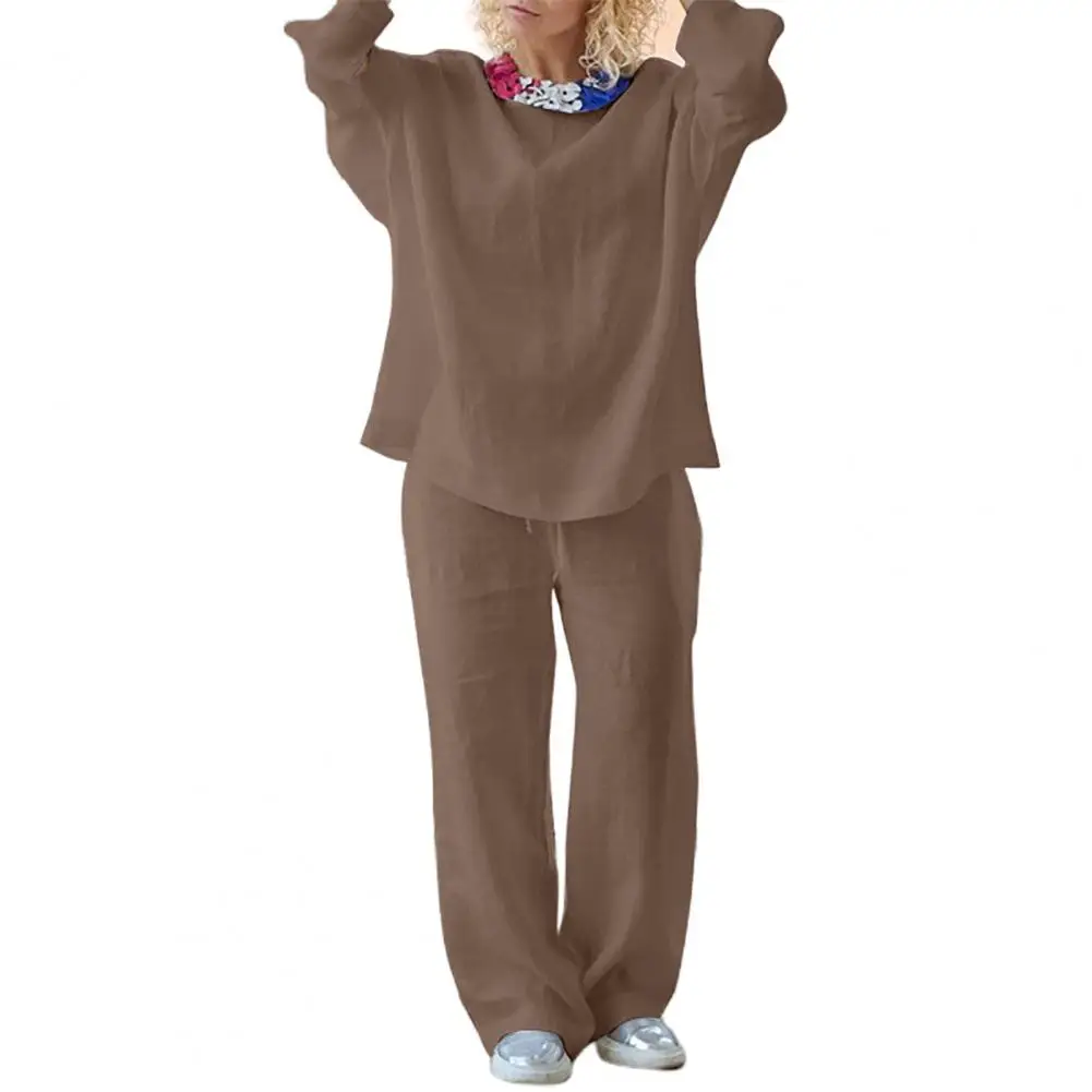 

2 Pcs/Set Autumn Women Shirt Pants Set O Neck Elastic Waist Long Sleeves Solid Color Casual Wide Leg Trousers Women Tops Suit