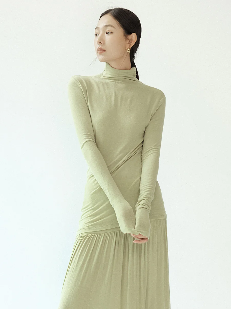 

Women's fall knit pleated pile collar base t-shirt