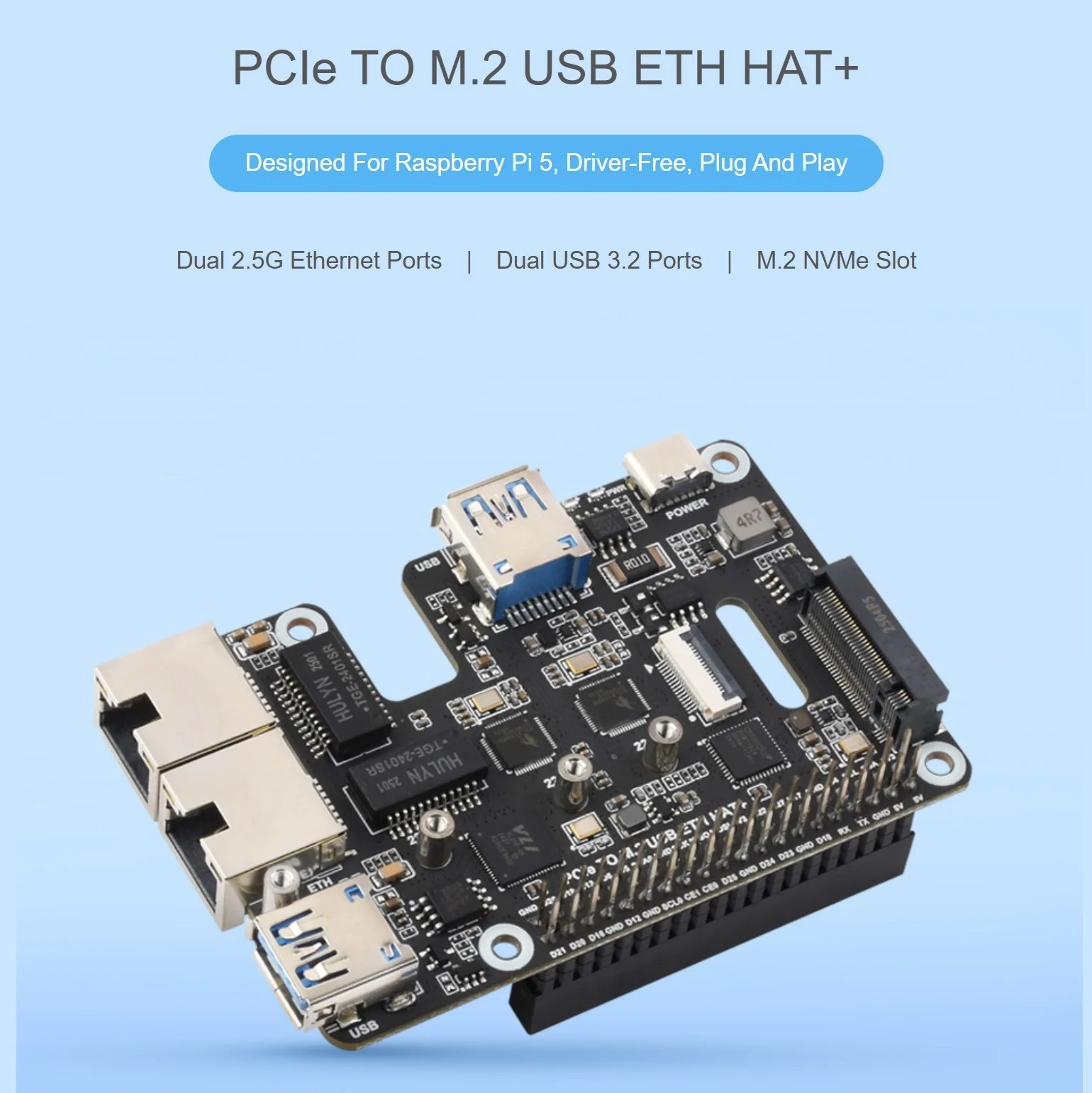 Фото Адаптер PCIe в USB 3.2 Gen1 / 2.5G ETH / M.2 NVMe для Raspberry Pi 5, поддерживающий протокол NVMe и твердотельный накопитель M.2. №3