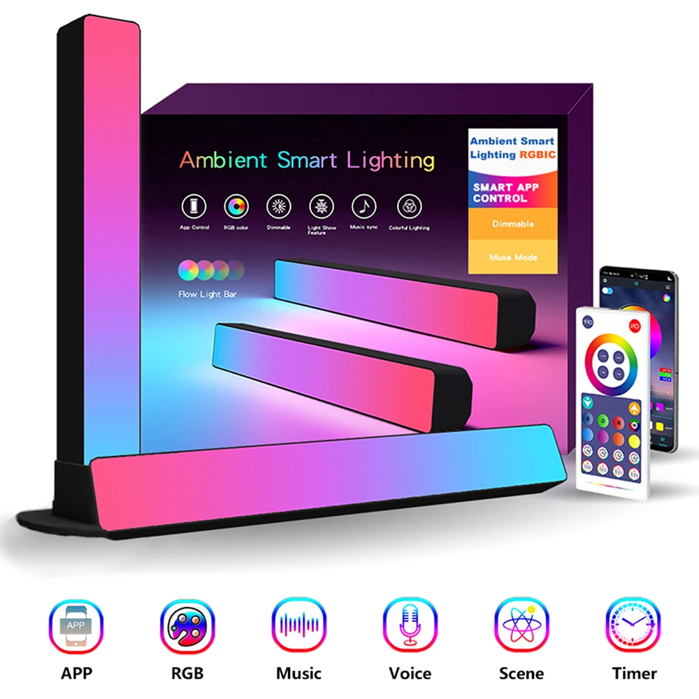 

Novelty Smart Ambient LED Light RGB Music Sound Control Light Bars Works with APP WIFI Night Light for Gaming TV Decoration Lamp