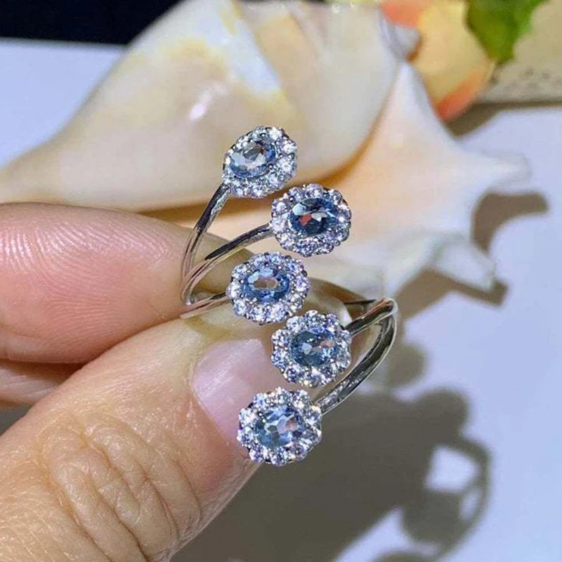 

Luxury Wide Dainty Rings for Women Elegant Blue Zircon Crystal Silver Color Working Gift Fashion Adjustable Jewelry