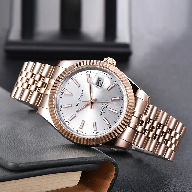 Модные мужские часы Parnis из розового золота с браслетом нержавеющей стали