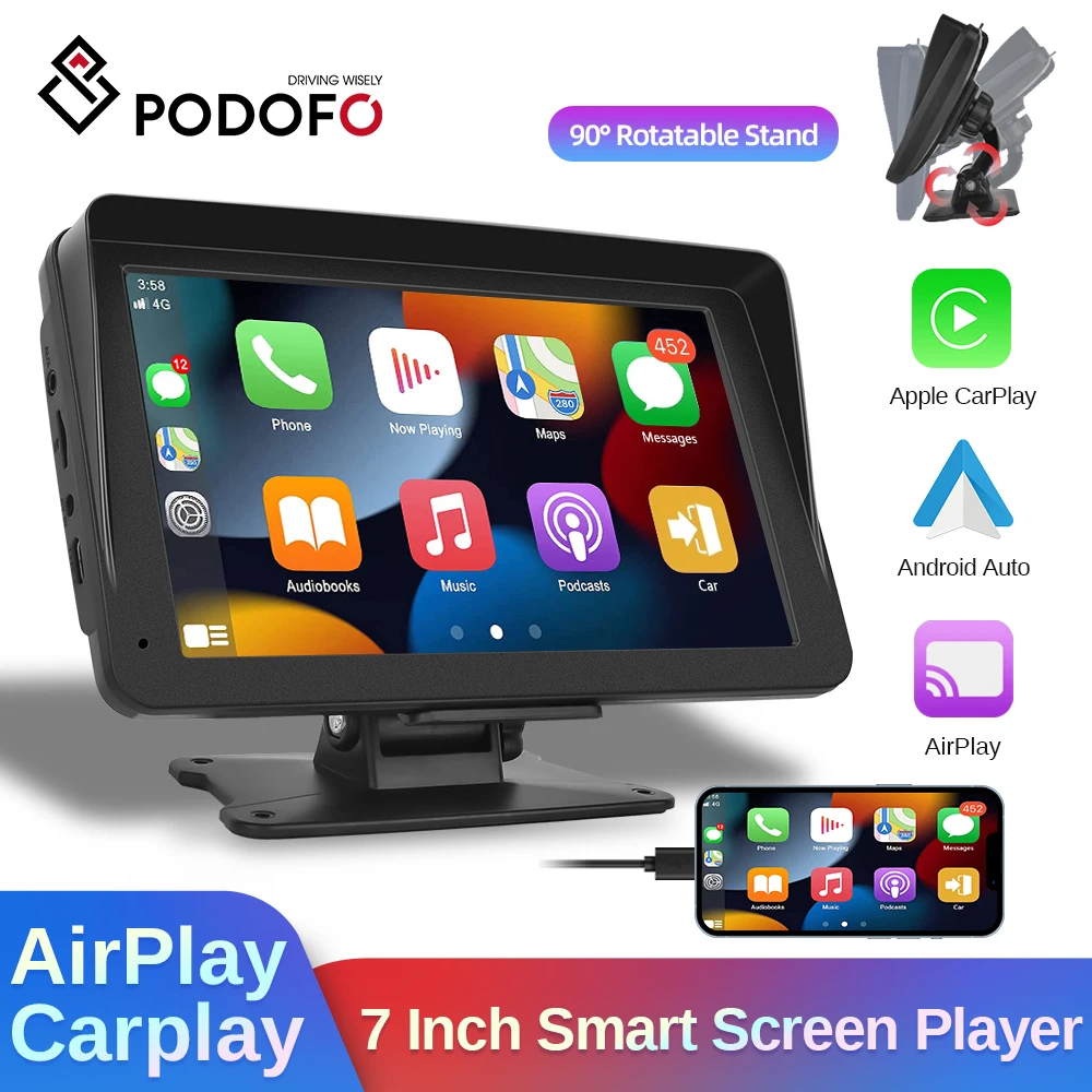 Podofo 7'' Carplay Monitor For Universal Multimedia Video Player Wireless Carplay Android Auto Car Radio For Nissan Toyota
