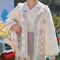 harajuku college style girl kawaii plaid anime embroidery cardigan sweater top women cute oversized knitted sweater female