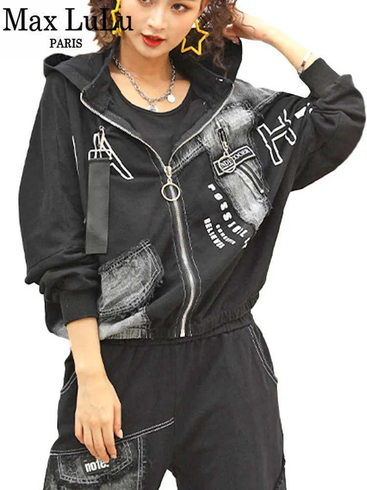 Фото Женские модные куртки Max LuLu в стиле панк с надписью весна 2022 джинсовые свободные