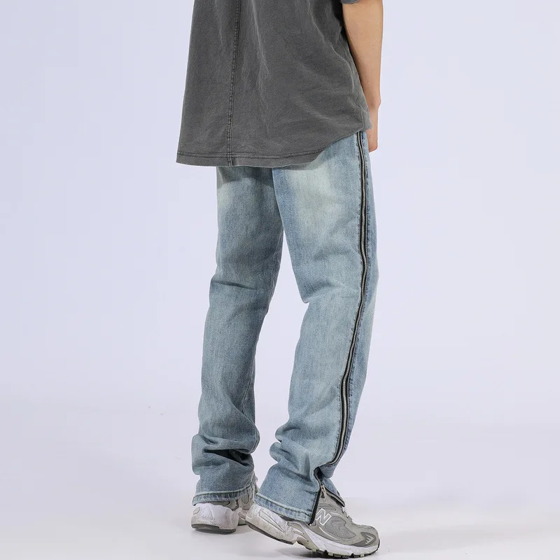 Four Seasons Men Jeans American Street Retro Old Washed Zipper Jeans Men Loose Slim Pants High Street Hip Hop Trend INS Hot Sale