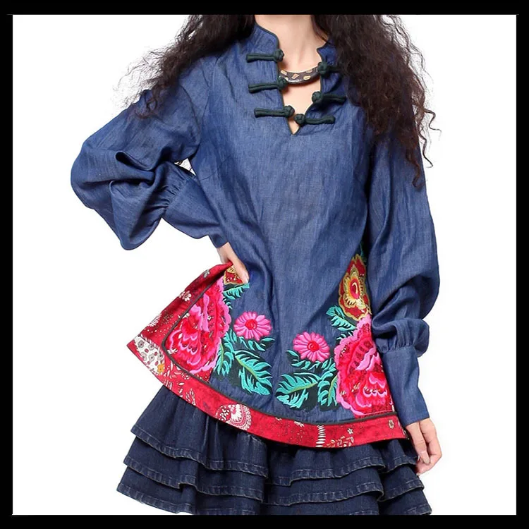 

Осень 2022, блузка, рубашка, свободный джинсовый топ с вышивкой