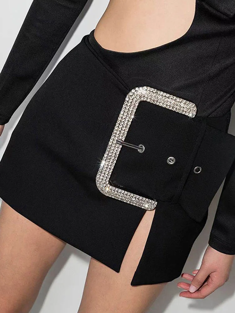 

Split Sexy Mini Women 2023 Summer High Waist Luxury Diamonds Buckle Belt Night Club Party Black Skirt saia ZN209