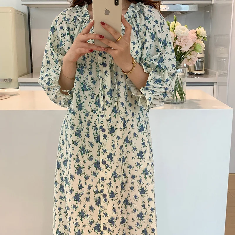 Soft Floral Home Ins Strapless Vintage Sweet Autumn Casual Elegant NightDress Women Loose Korean Long Sleeve Kawaii Printing