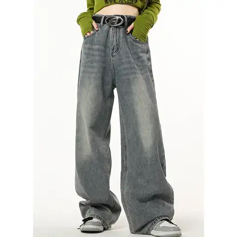 Vintage Blue High Waist Women Jeans American Fashion Streetwear Wide Leg Jean Female Winter Trouser Straight Baggy Denim Pants