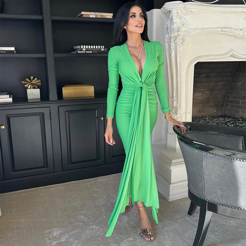 

Новинка лета 2022, женские платья, модная шикарная элегантная женская зеленая однотонная одежда, облегающая вечерняя вечерние с длинным рука...