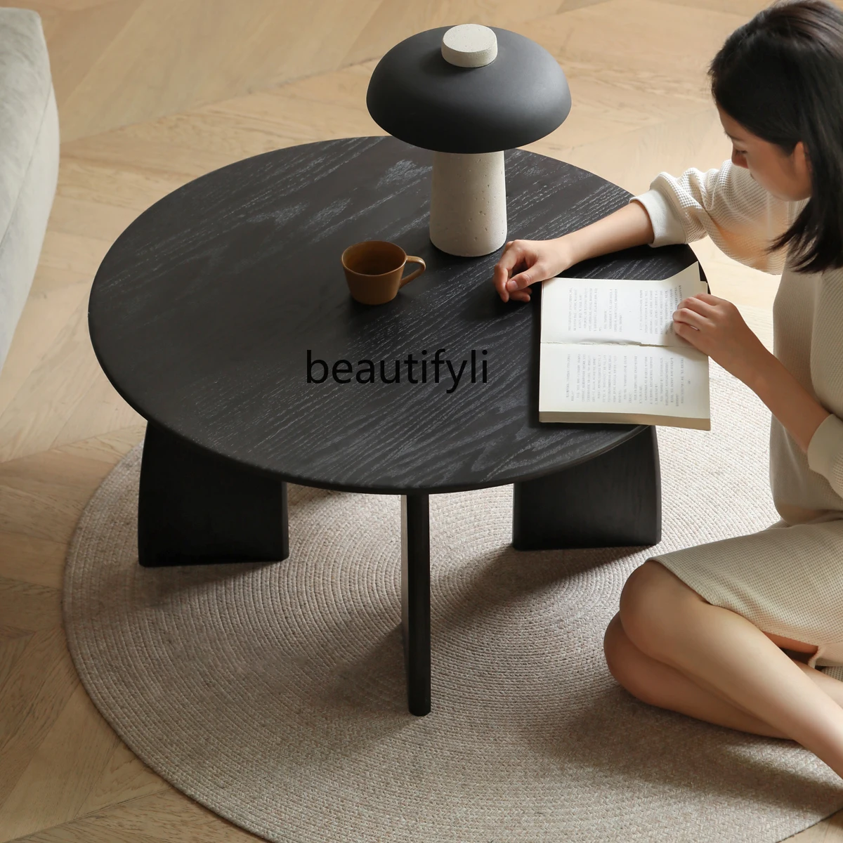

HJ Black Solid Wood Small Coffee Table Japanese round Zen Tea Table Oak Minimalist round Tea Table