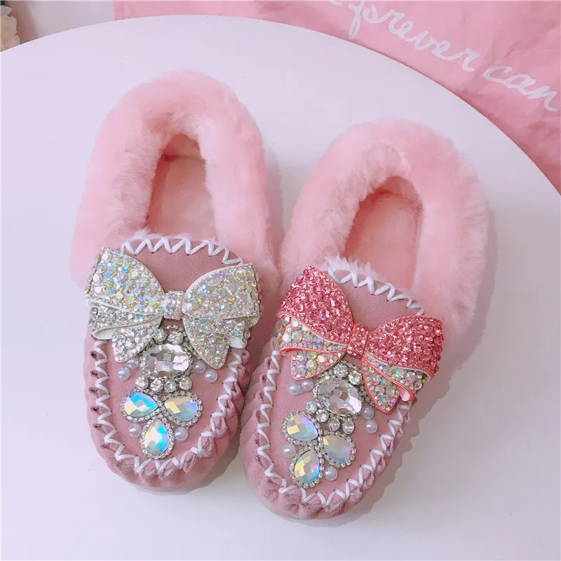 

Winter round head flat bottom fur bow diamond pink snow bean shoes