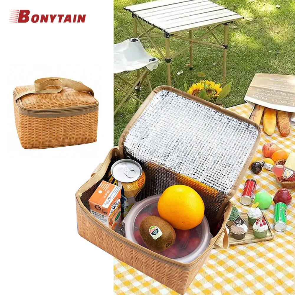 

Portable Wicker Rattan Outdoor Picnic Bag Waterproof Tableware Insulated Thermal Cooler Food Container Basket for Camping Picnic