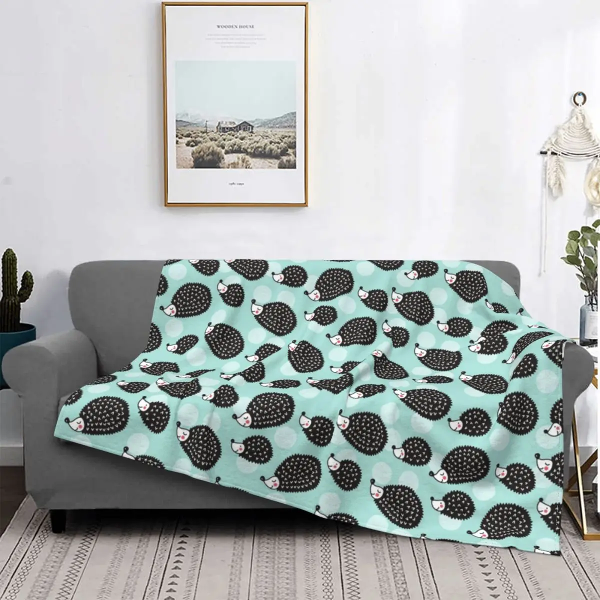 

Cute Hedgehog Animal Woodland Bed Cover on Light Blue Blanket Super Soft Flannel Blanket Bedding Sofa Picnic