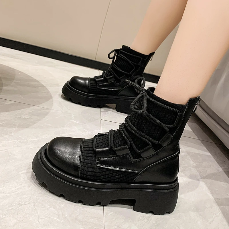 

Женские ботинки, новинка 2023, Женские повседневные эластичные тканевые ботинки-носки, модная женская обувь с перекрестной шнуровкой, ботинк...