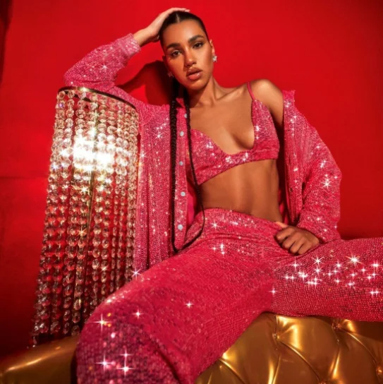 

2023 3 Piece Set Women Suit Pants Crop Top Female Shirts Jogging Glitter Sequin Sets Party Club Sexy Outfits Pink Tracksuit